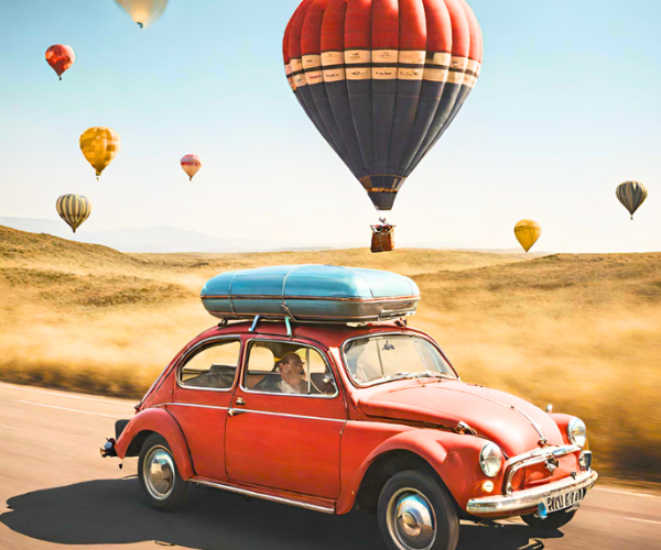 A classic red car driving on a country road with hot air balloons floating in the background, on a sunny day.