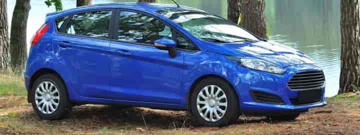 A blue Ford Fiesta parked in a forest setting.