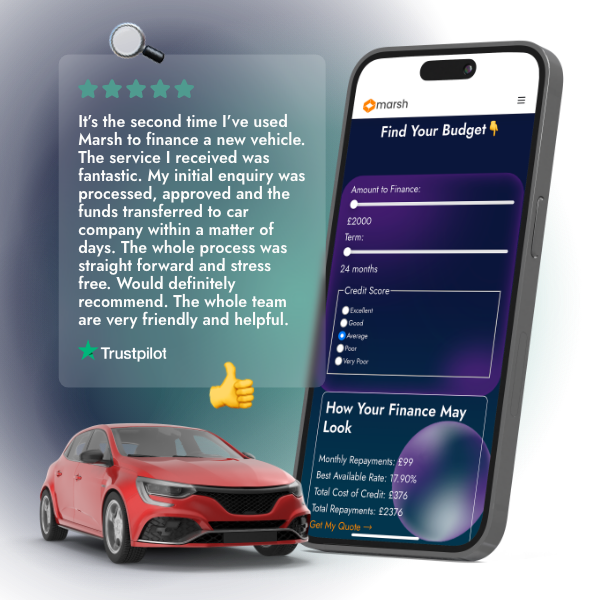 A smartphone displaying the Marsh car finance calculator app alongside a customer review on Trustpilot, emphasizing easy budget finding and positive user experience in financing new vehicles.