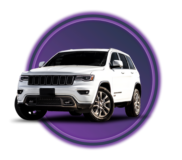 A white SUV against a rounded blue and purple gradient background.