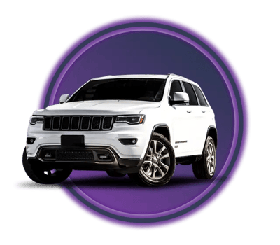 A white SUV against a purple and blur gradient circular background.