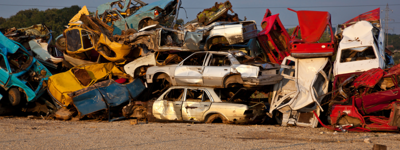 A car graveyard, with multiple ruined cars stacked on top of one another, representing cars that have been written off.