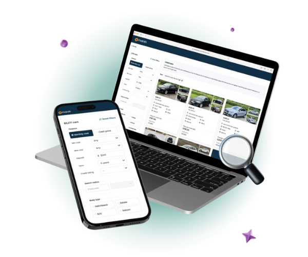 A laptop and smartphone displaying the Marsh car marketplace website and app, showing detailed search filters and a large inventory of used cars.