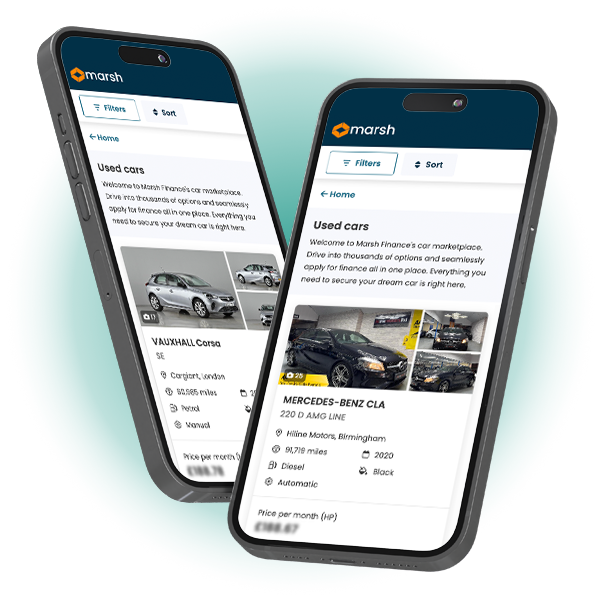 Two smartphones display the Marsh car marketplace app, featuring a list of used cars with detailed specifications and sorting options for easy navigation.