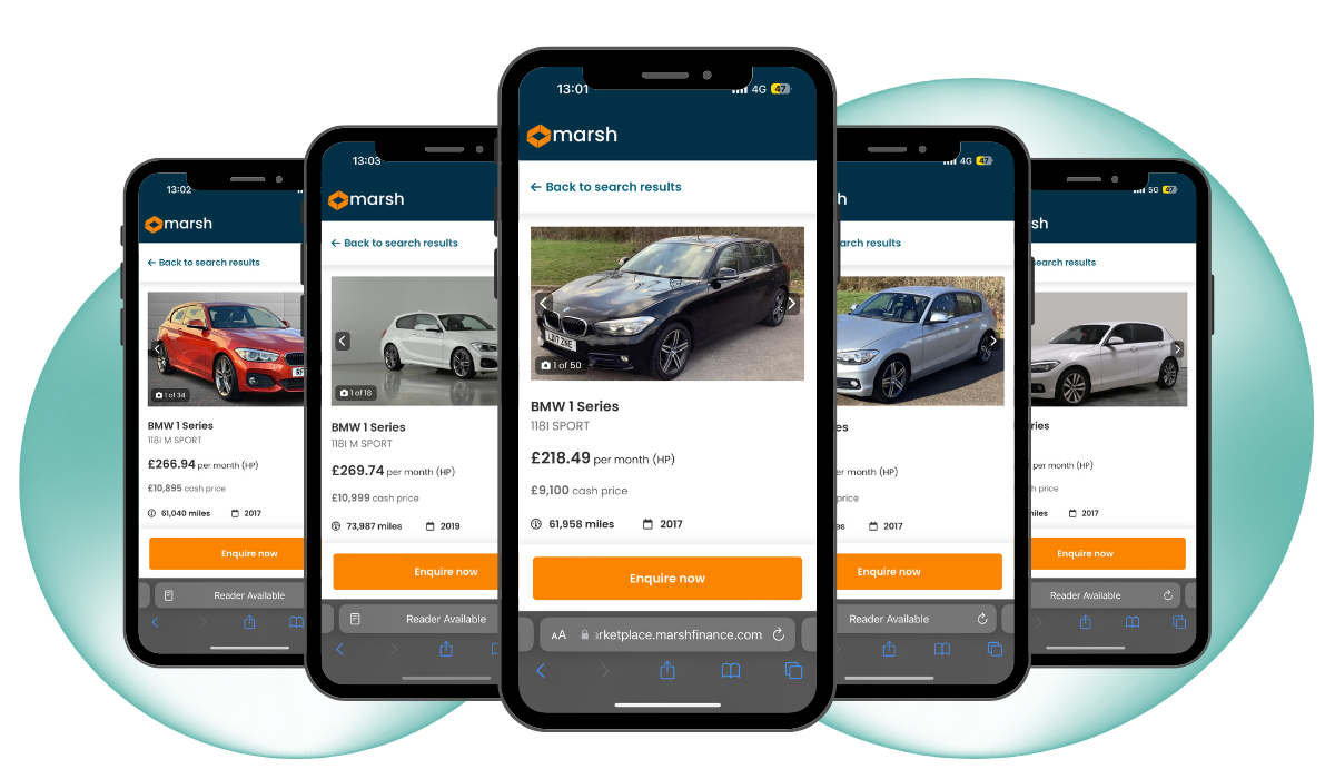 Five BMW 1 Series vehicles listed on the Marsh Finance marketplace depicted on five phones side by side.