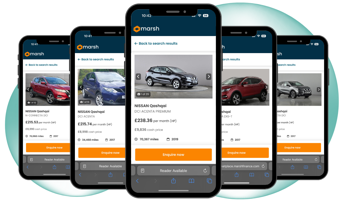 Five smartphones showcasing various Nissan Qashqai models on the Marsh car marketplace app, featuring car details, pricing, and mileage for easy comparison and navigation.