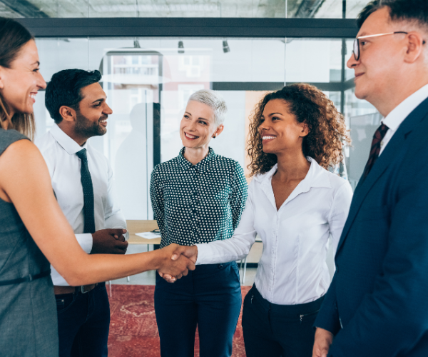 Business professionals greeting each other and smiling.