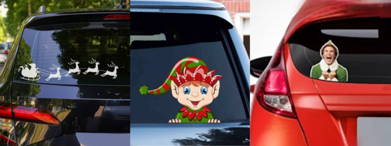 Three images put together of Christmas themed car stickers.