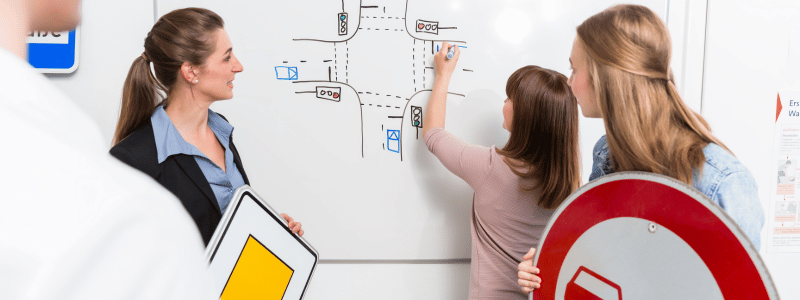 People working on a whiteboard where a road junction is drawn out. People are stood around holding road signs, symbolising car theory revision.