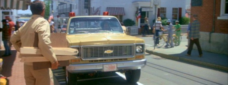 A large pick up truck in a city setting, taken from the film Jaws.