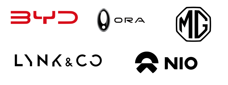 The most popular Chinese car brands' logos: BYD, ORA, MG, LYNK & CO, NIO.