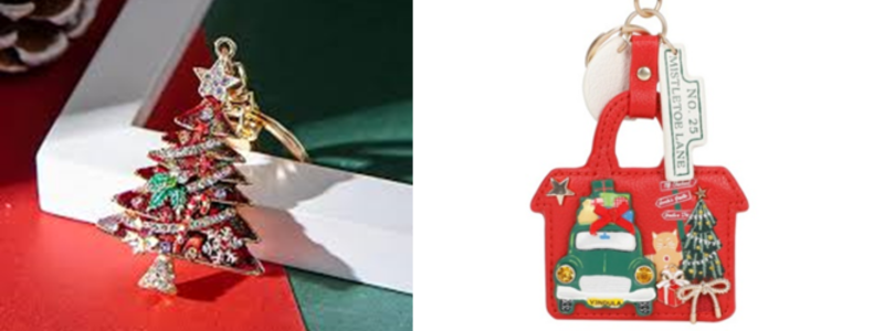 Two images put together of Christmas keyrings.