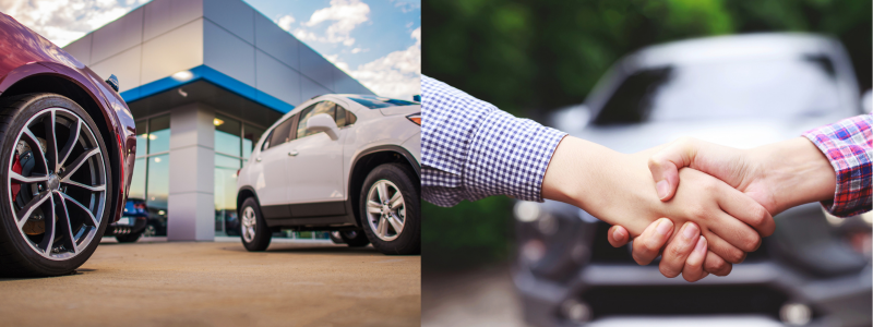 Two images taking up half of the total image each. On the left is a car dealership and on the right a handshake with a car in the background.