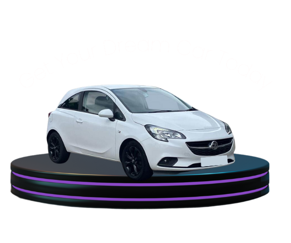 A white Vauxhall Corsa on top of a podium, with curved writing over the top of the car reading 'Get Your Dream Car Today'.