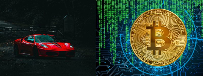 A red Ferrari against a dark background on the left, and an image depicting Bitcoin on the right, representing Ferrari's partnership with Bitcoin.