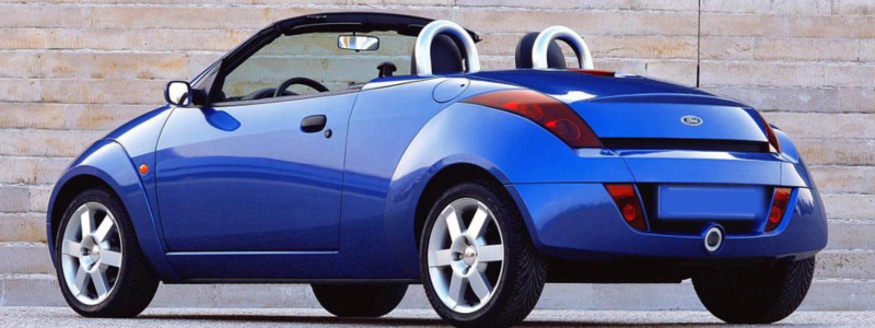 A blue Ford Ka parked in front of a brick wall, with the rear of the car facing the camera.