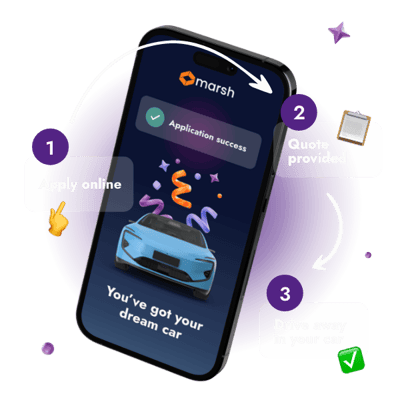 Smartphone displaying a successful car loan application on the Marsh app, highlighting the steps: 