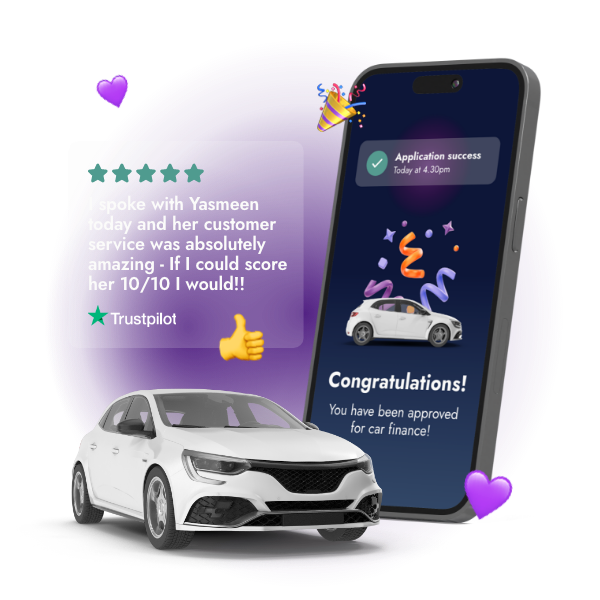 A smartphone displaying a successful car finance application notification on the Marsh app, accompanied by a Trustpilot review praising exceptional customer service, highlighted with celebratory graphics and emojis.