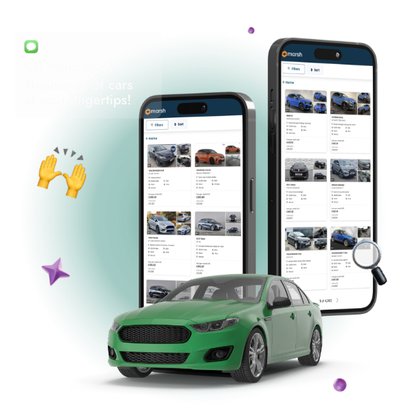 Two smartphones displaying the Marsh car marketplace app, featuring a comprehensive listing of vehicles available for purchase, with sorting and filtering options for an optimised user experience.