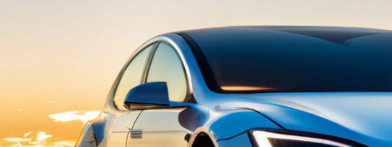 The side of a white car with sun in the background.