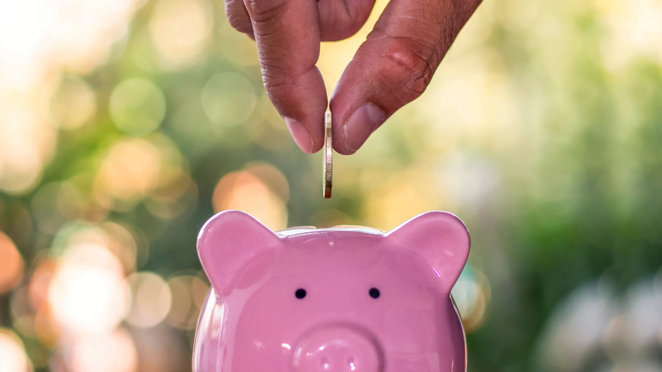 A hand places a coin into a piggy bank.