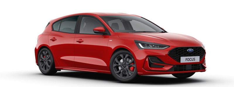 A red Ford Focus parked against an empty white background.