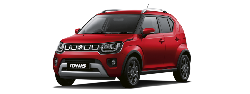 A red Suzuki Ignis against a complete white background.