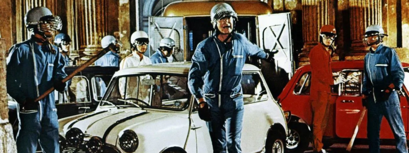 An image taken from the Italian Job film showing a classic Mini Cooper.