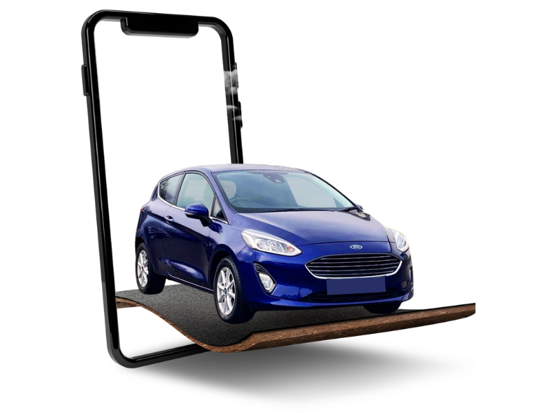 A blue Ford Fiesta appearing out a phone with clouds above it.