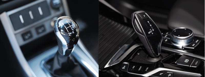 A manual car handbrake photo next to an automatic handbrake / gear stick photo. The side by side shows the vast difference between the two.