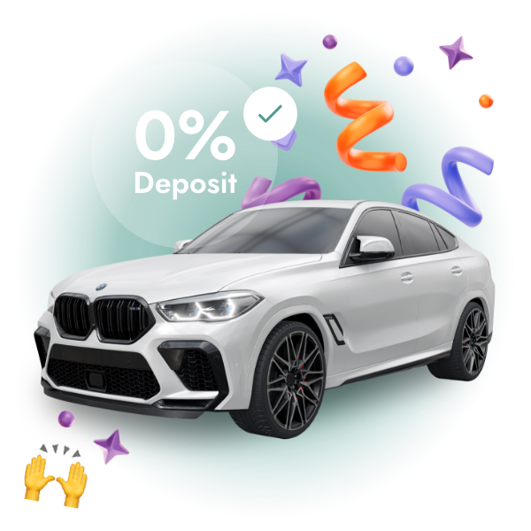 A white BMW SUV featured against a festive background highlighting a 0% deposit offer, with celebratory icons and a check mark to emphasize the special financing deal.