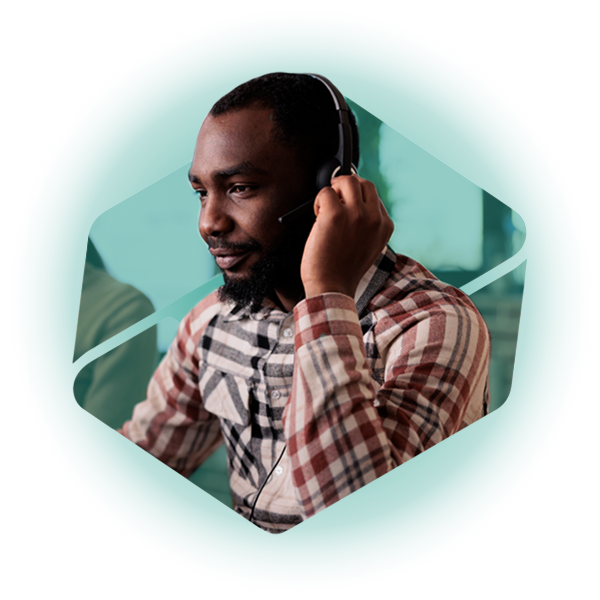 A person on a hands free phone call, set into the Marsh Finance logo, set up in a teal blur.