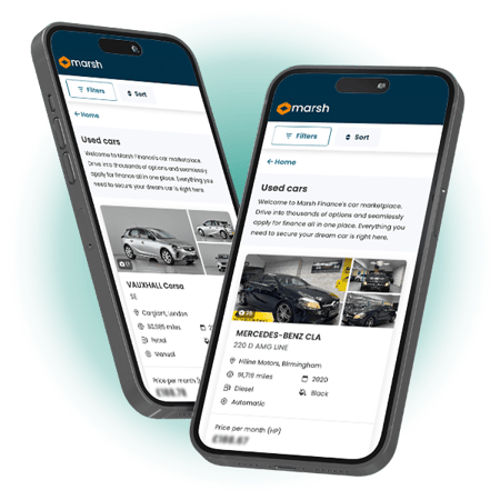 Two smartphones display the Marsh car marketplace app, featuring a list of used cars with detailed specifications and sorting options for easy navigation.