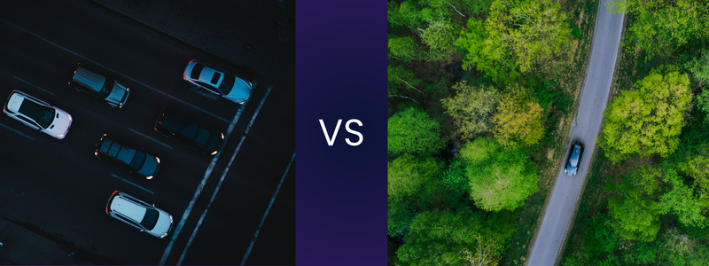 Split image showing two contrasting scenes: on the left, an aerial view of multiple cars in traffic on a busy road; on the right, a single car driving along a winding road surrounded by green trees.