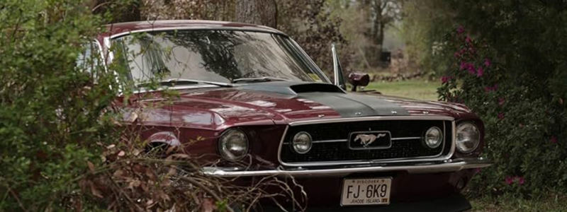 A burgundy Mustang parked amongst bushes, taken from the film the Conjuring.