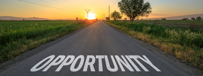 A road with 'OPPORTUNITY' written on, with sunlight shining on the road.