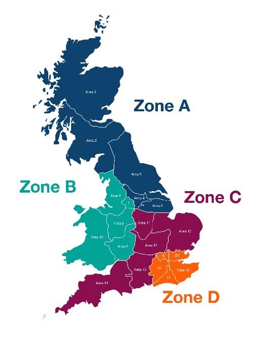 A map of the UK split up into different zones ranging from zone a to zone d. The purpose of this is to look at driving test waiting times per area.