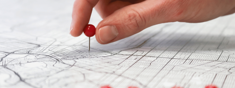 A hand places a pin with a red top on a part of a map.