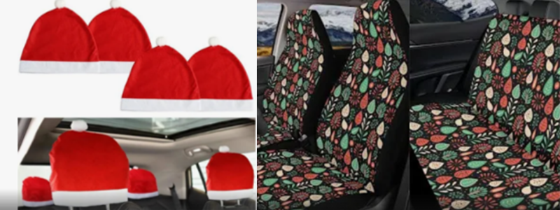 Two images side by side of Christmas style covers for car seats.