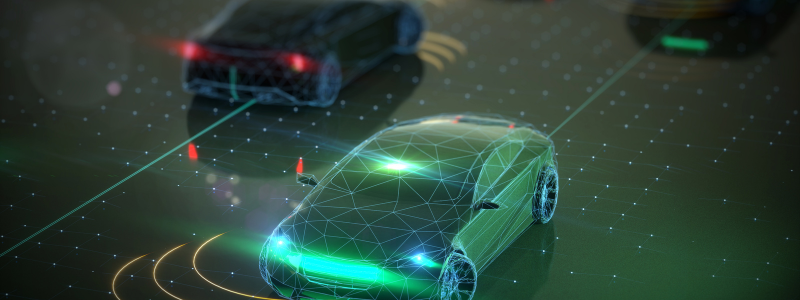 Futuristic rendering of self-driving cars on a digital grid, highlighting autonomous navigation.