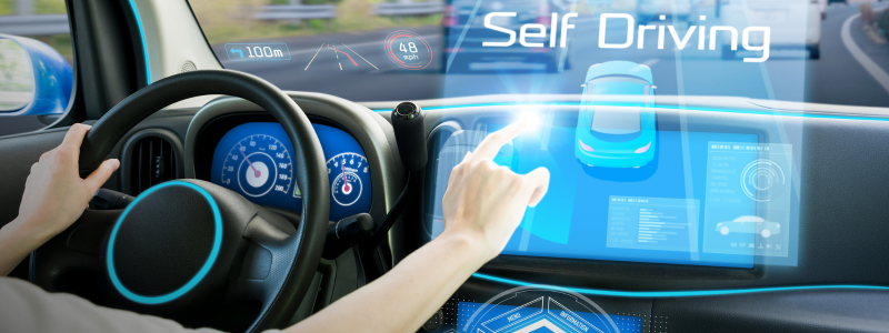 Driver interacting with a digital dashboard in a self-driving car, featuring holographic displays.