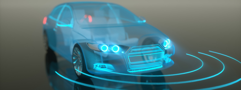 Transparent 3D model of a car with illuminated sensors and radar waves, representing self-driving technology and autonomous vehicle systems.