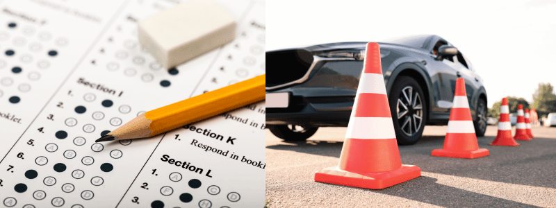 A multiple choice test paper filled in next to a car at a driving test. This symbolises the differences between a theory test and a practical test.