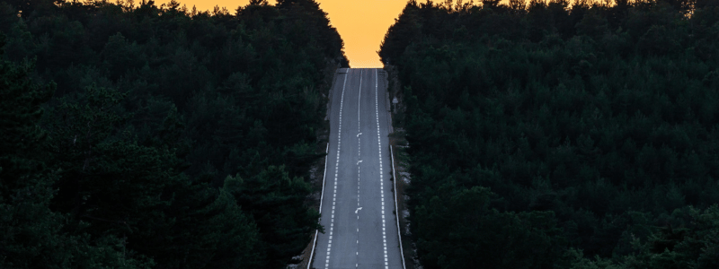 A road rising steeply either side of woodland. The road leads towards a bright orange sky, likely a sunset.