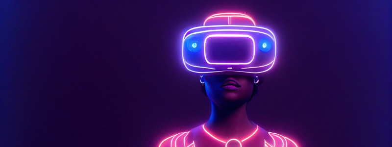 Person wearing a neon-lit virtual reality headset in a dark, futuristic setting, representing immersive VR technology and digital experiences