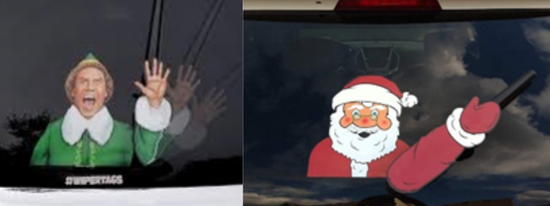 Two images together of Christmas stickers on car rear windows.