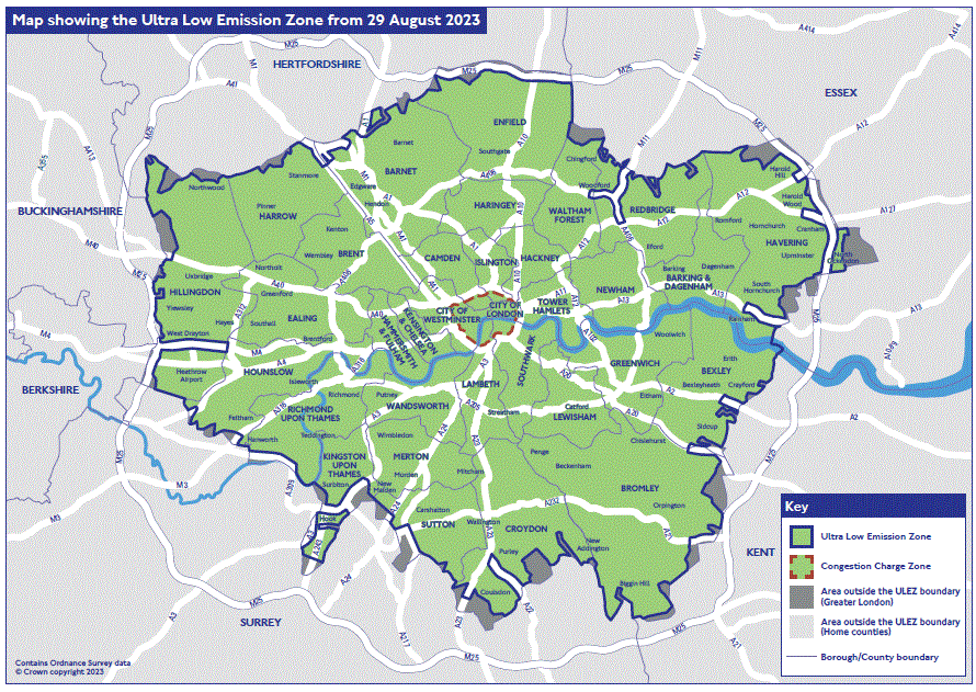 A map of London produced by Transport for London, showing the areas of London that are part of ULEZ.