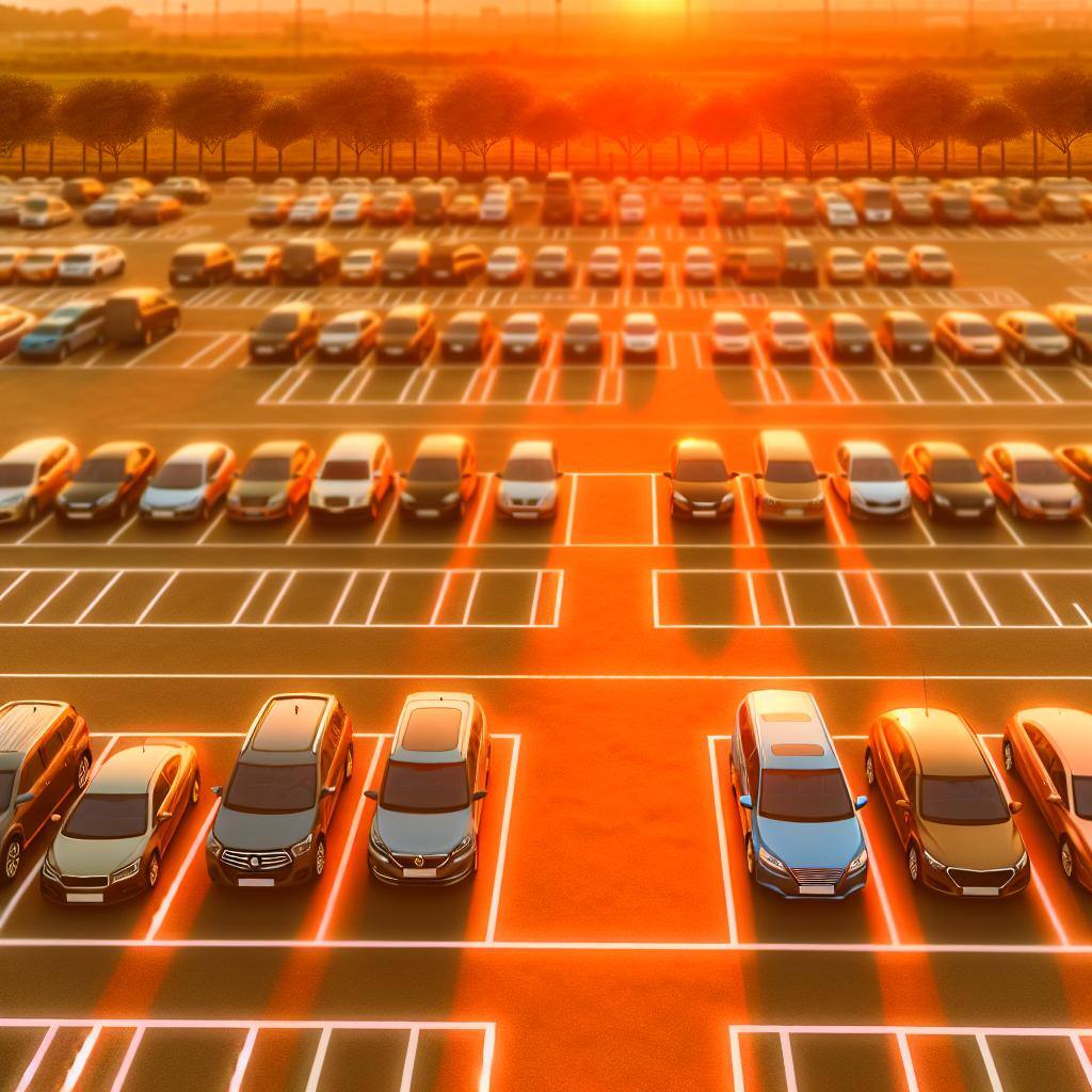 A car park that is full of multi-coloured cars with the afternoon sun haze