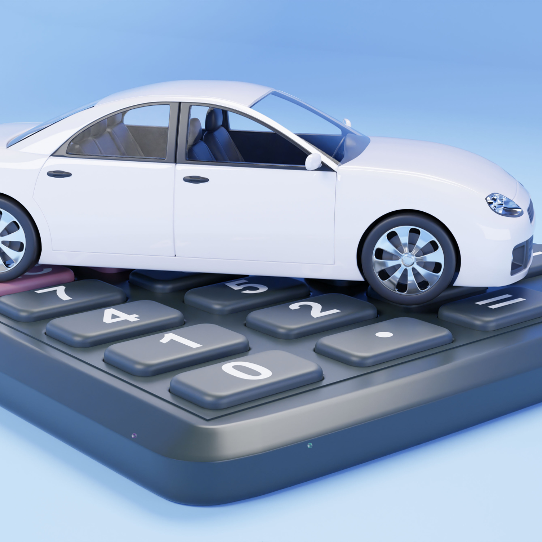 White car model placed on an oversized calculator, symbolising the concept of car financing, budgeting, and cost calculations.